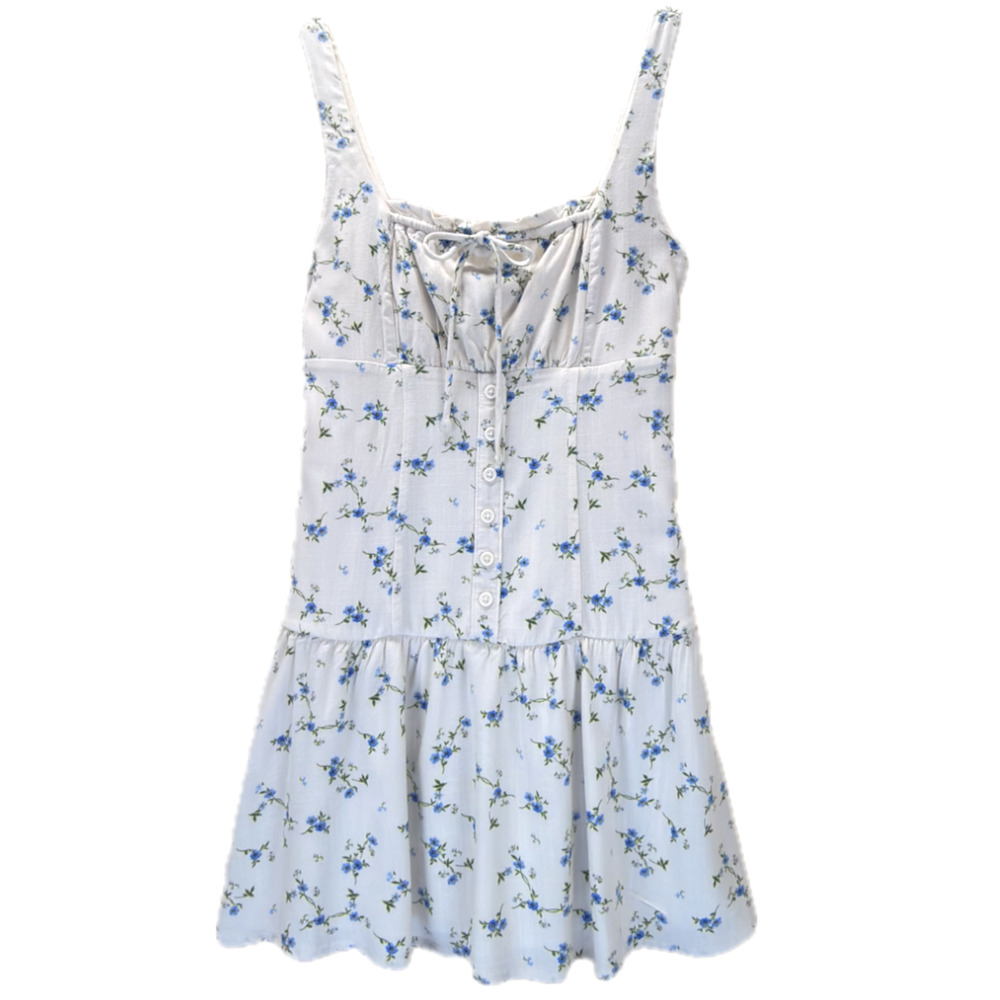 Wild Fable Emma Mini Babydoll Dress XS Blue White Floral Print Square Neck Lined